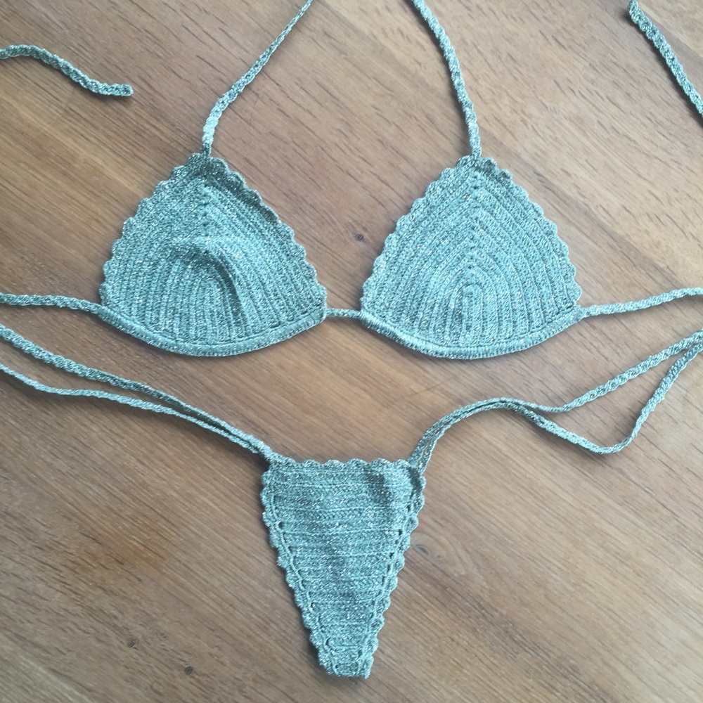 NEW! Mint green w/silver thread Crochet Bikini Hand Made
